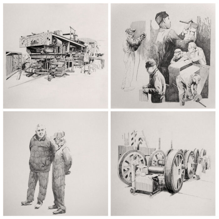 a combination of four black and white drawings