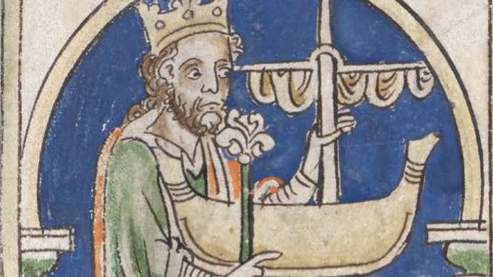 Illustration of a man in a crown holding a small boat, towering above the heads of three other men