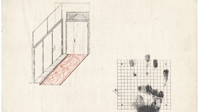 On the left of the image is a line drawing of an office and on the right is a grid of small squares overlaid by a handprint