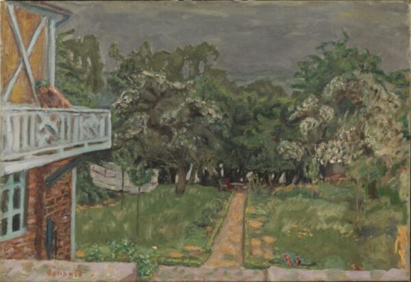 painting of a person standing on a balcony with a garden in the background