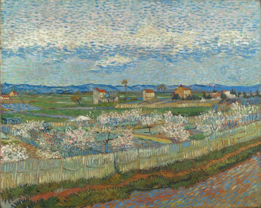 painting of a rural landscape with some peach trees in blossom