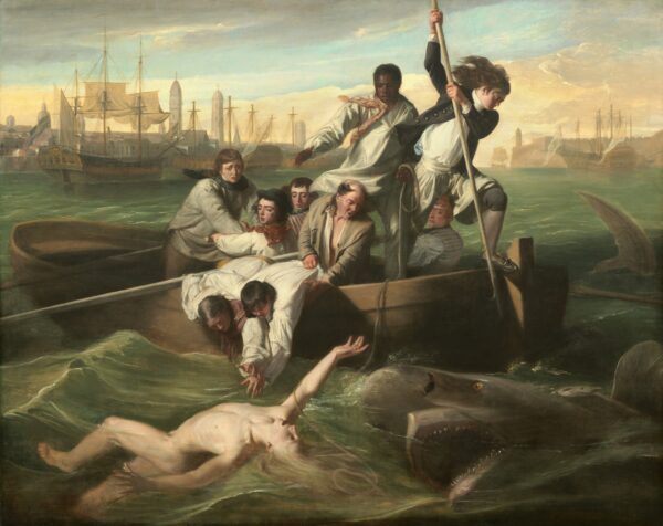 painting of people on a boat fighting a shark