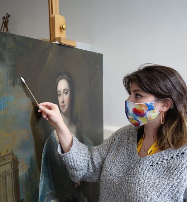Saffie Patel surface cleaning Maria Verelst’s portrait of Lady Isabella Scott