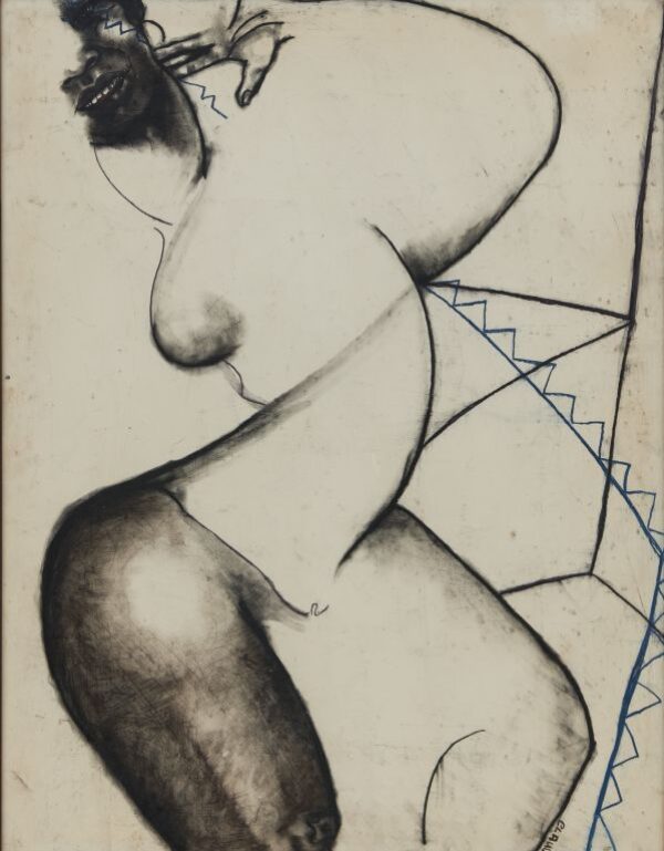 Line drawing of an abstract female figure in a contorted position as if dancing