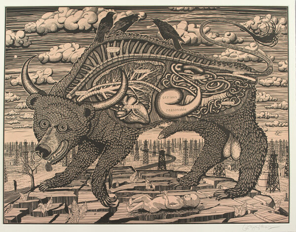 A black and white drawing of a bear with a bird on it, standing on top of cracked ground with a laying baby visible beneath. The bear is drawn in a cross-section of anatomy visible, with words peppered through including 'logical', 'serious/reasonable', 'objective' and 'common sense' placed on top of organs and body parts.