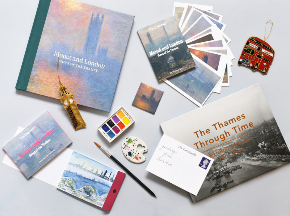 Monet shop range including postcards, a catalogue and paint set