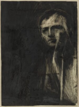 Charcoal drawing of a man, Frank Auerbach, sitting slightly side-on to the viewer and staring at us with a stern expression.