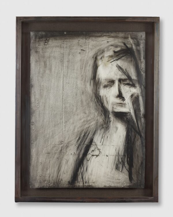 A charcoal black and white drawing of a woman