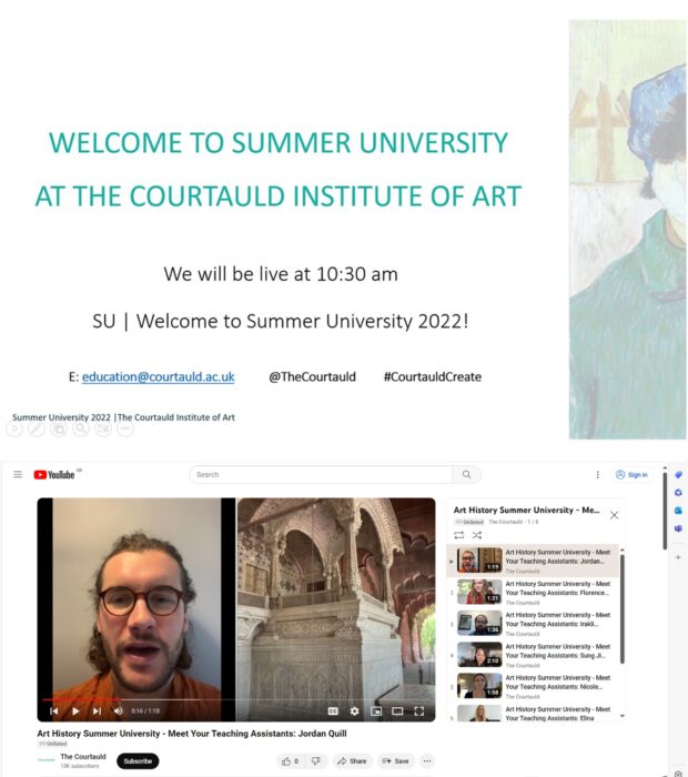 Two screen shots from Summer University. One of the introduction slide to the course, the other showing a welcome video from the PhD tutors who lead the evening seminars.