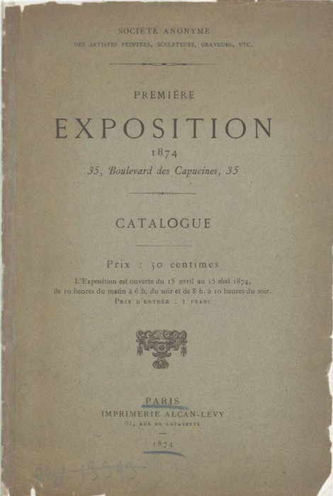Front cover of the 'exposition catalogue' of the First Impressionist exhibition, written in French.