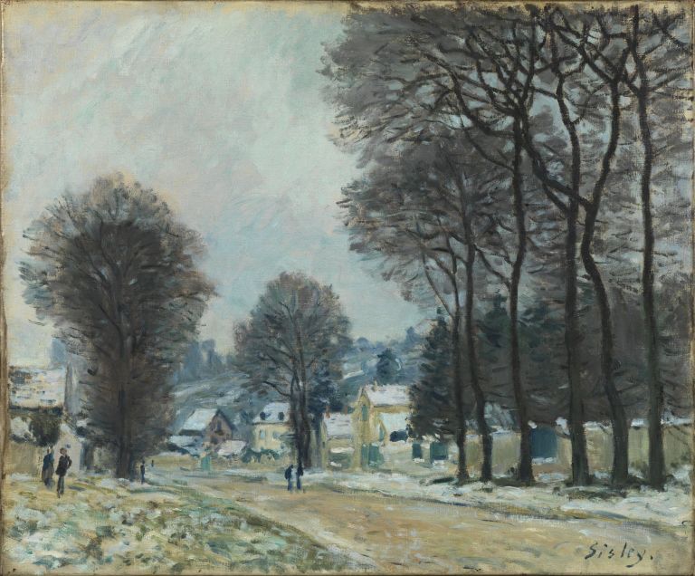 A snowy scene of a road leading into a town, with barren looking trees lining a long path and snow-covered grassy sides on each side. Snow-topped houses are visible at the end of the path, with four small people visible walking around the mid ground of the painting.