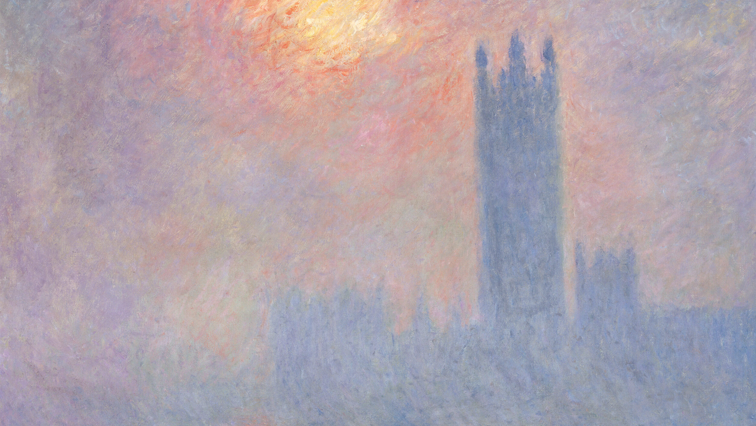 The houses of parliament in the fog, with an orange sun and purple sky reflecting on the river Thames