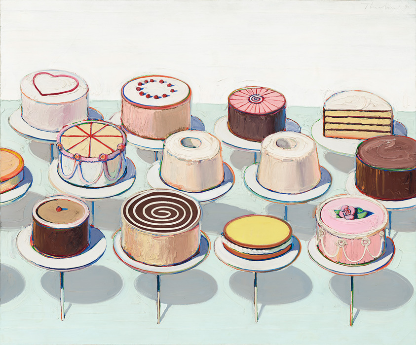a painting by Wayne Thiebaud, depicting a display of various cakes arranged neatly on individual white cake stands. The cakes are rendered with thick, creamy layers of paint, emphasizing their rich textures and colors. Each cake is distinct, with different designs and decorations, such as a heart, spirals, cherries, and floral motifs. The composition is orderly, with the cakes placed in a grid-like formation, creating a sense of both abundance and simplicity. The background is a pale, almost white surface, which contrasts with the vividness of the cakes, drawing attention to their details. The overall effect is both whimsical and slightly nostalgic, evoking the feel of a classic bakery display.