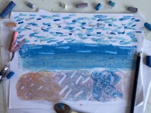 oil pastel light sketch of a sky and a landscape