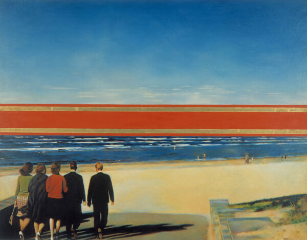 A landscape scene with vivid colours, with a blue sky, red centre strip, blue sea and sand. There are five figures, three women and two men, walking towards the sea in the bottom left corner. They are wearing business clothes.