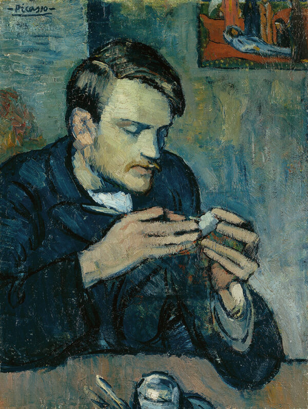 A painting from Pablo Picasso’s Blue Period depicting a man in a dark blue coat peeling a piece of fruit, possibly an orange, with a knife. The man’s face is melancholic, with downcast eyes and a somber expression. The color palette is dominated by shades of blue, contributing to the introspective mood. In the background, a framed painting or decoration hangs on the wall, featuring a reclining figure. The brushwork is textured and expressive, characteristic of Picasso’s early 20th-century style.
