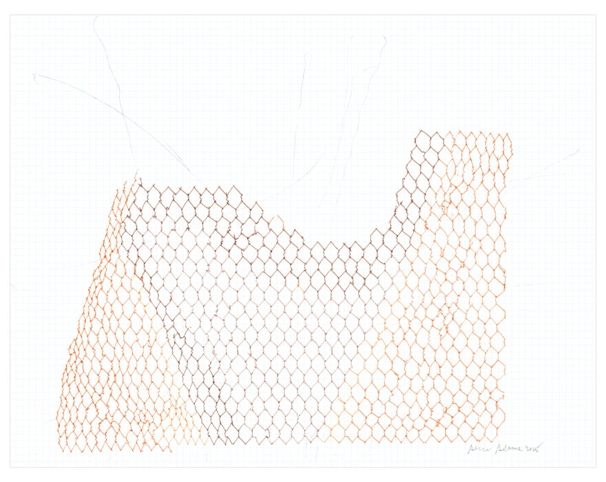 A lmiited edition print by Alice Adams, featuring a woven net-like drawing that looks like chain-link fencing, in orange and brown ink. The delicate drawing is on graph paper, replicating the original piece. It is signed in the bottom right by Adams, 2025.